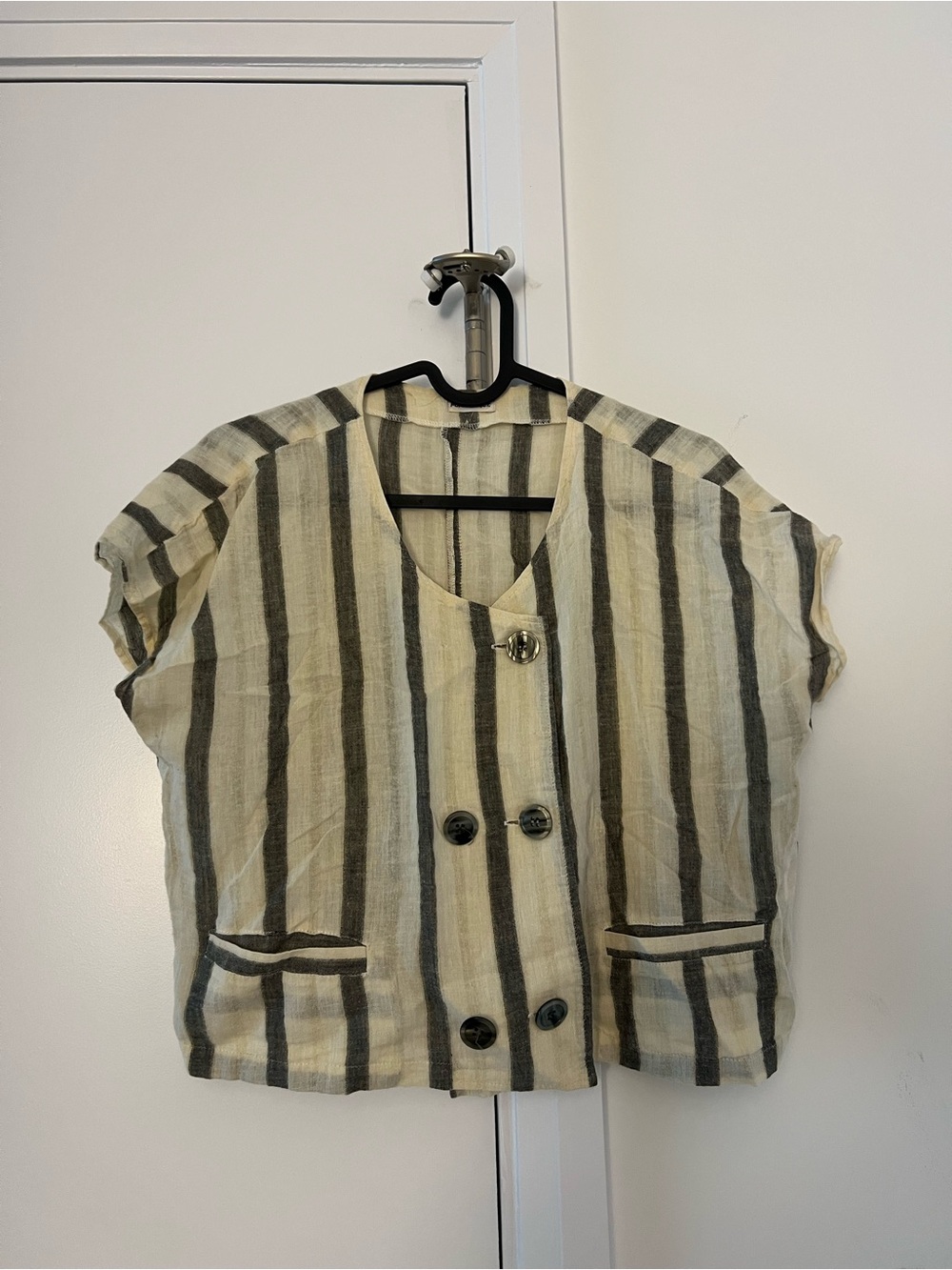 Striped Button Front Linen-Blend Top in Cream and Gray